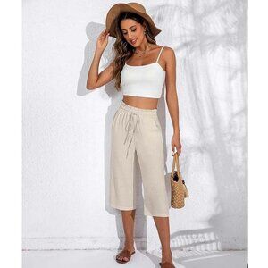 Neer 2 Pack Women's Linen Capri Pants High Waisted, Pockets, Small